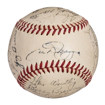 1951 World Series Champion New York Yankees Team Signed OAL Harridge Baseball With 25 Signatures Including DiMaggio, Mantle, Rizzuto & Mize (JSA)